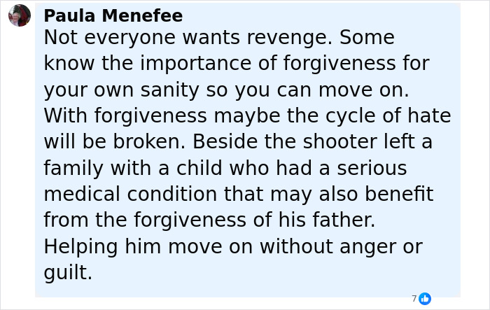 Comment by Paula Menefee on forgiveness and healing after the attack on the Michigan Mormon church shooter. Comment by Paula Menefee on forgiveness and healing after the attack on the Michigan Mormon church shooter.