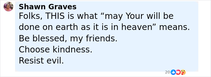 Screenshot of social media post by Shawn Graves emphasizing kindness and resisting evil in response to Michigan church attack fundraising. Screenshot of social media post by Shawn Graves emphasizing kindness and resisting evil in response to Michigan church attack fundraising.