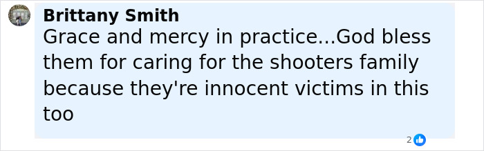 Comment by Brittany Smith expressing grace and mercy for the shooter’s family after the Michigan church attack fundraising effort. Comment by Brittany Smith expressing grace and mercy for the shooter’s family after the Michigan church attack fundraising effort.