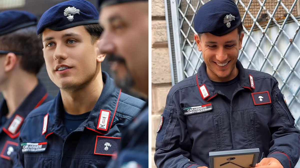 Two men in uniform showing honest reactions as they look at their own portraits captured by a photographer.