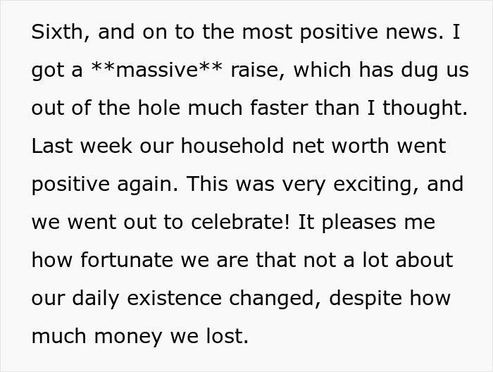 Educated person recovering from scam investment losses, celebrating financial turnaround with spouse after immense debt.
