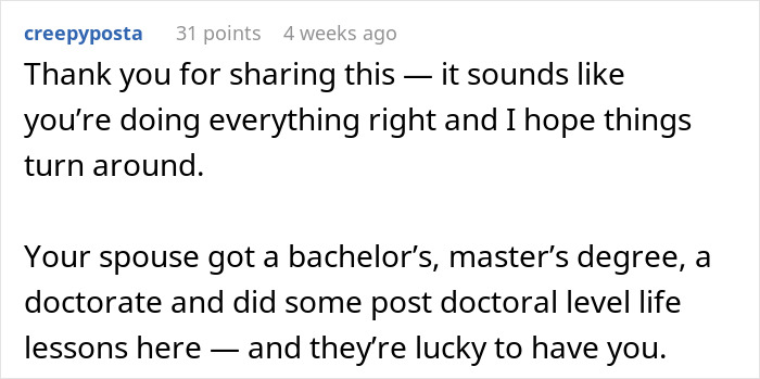 Screenshot of a Reddit comment discussing an educated person falling for a scam investment causing zero savings and immense debt.