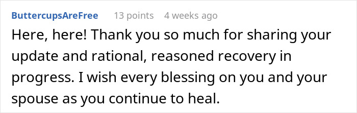 Screenshot of an online comment expressing support and well wishes for a spouse dealing with scam investment loss and debt.