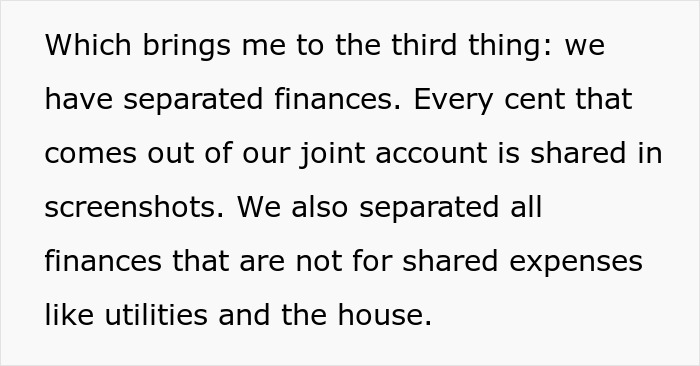 Text about separated finances and shared expenses, highlighting issues with scam investment and resulting debt impact.