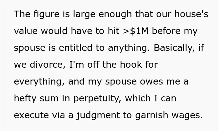 Text excerpt about divorce financial terms shown on a white background, highlighting debt and zero savings impact.