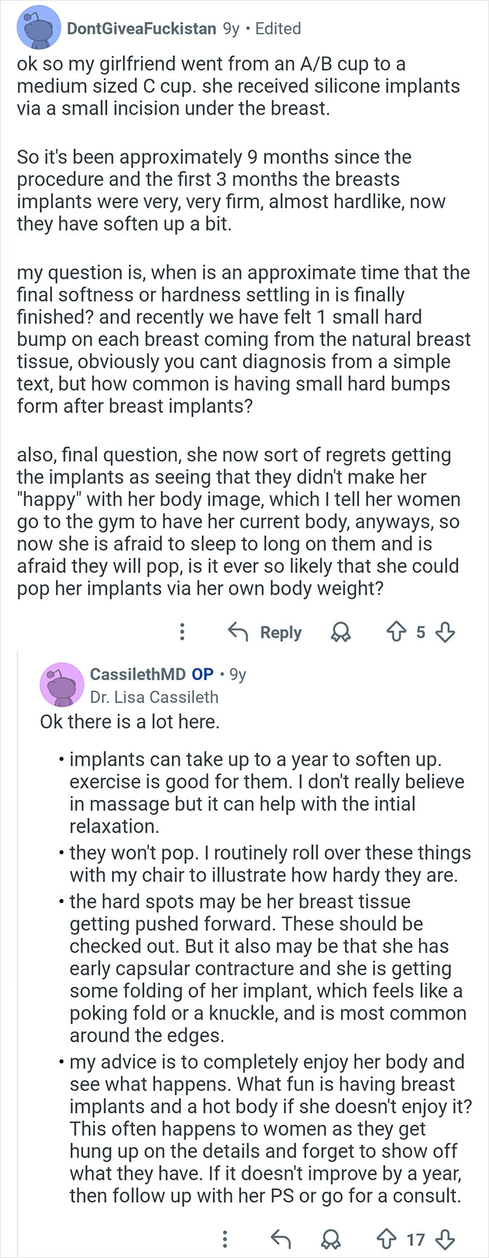 Reddit exchange with a plastic surgeon answering questions about breast implants, firmness, and cosmetic work concerns.