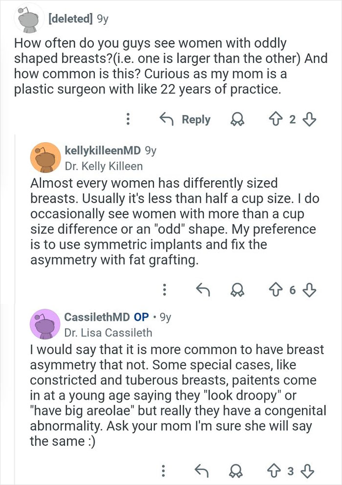 Reddit thread discussing breast asymmetry and cosmetic work insights from experienced plastic surgeons.
