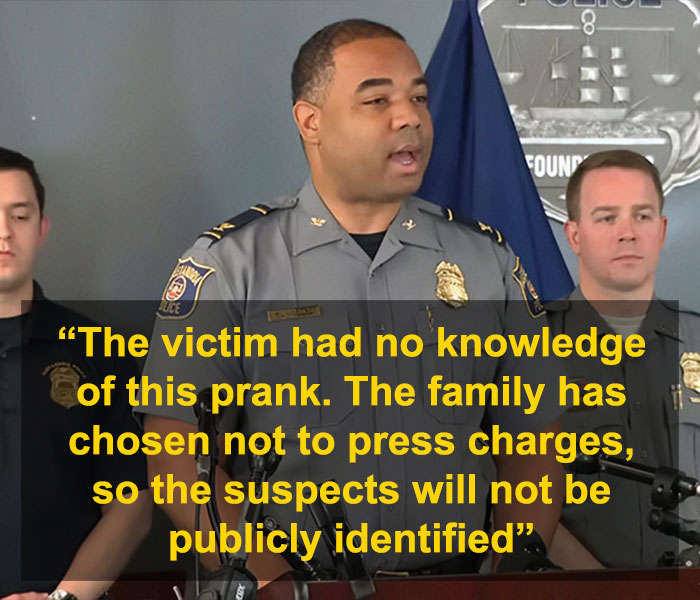 Police officer speaking at a press conference about the disturbing doorbell prank involving a masked trio and its staggering twist. Police officer speaking at a press conference about the disturbing doorbell prank involving a masked trio and its staggering twist.