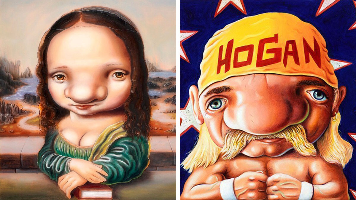 Two exaggerated portraits featuring a caricatured Mona Lisa and a wrestler with a large nose and Hogan headband.