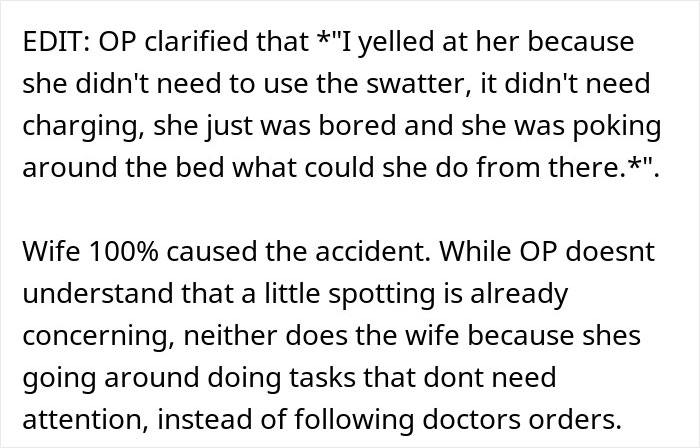Text excerpt discussing a man snapping at his pregnant bedridden wife over her being needy and disrupting his work meeting. Text excerpt discussing a man snapping at his pregnant bedridden wife over her being needy and disrupting his work meeting.