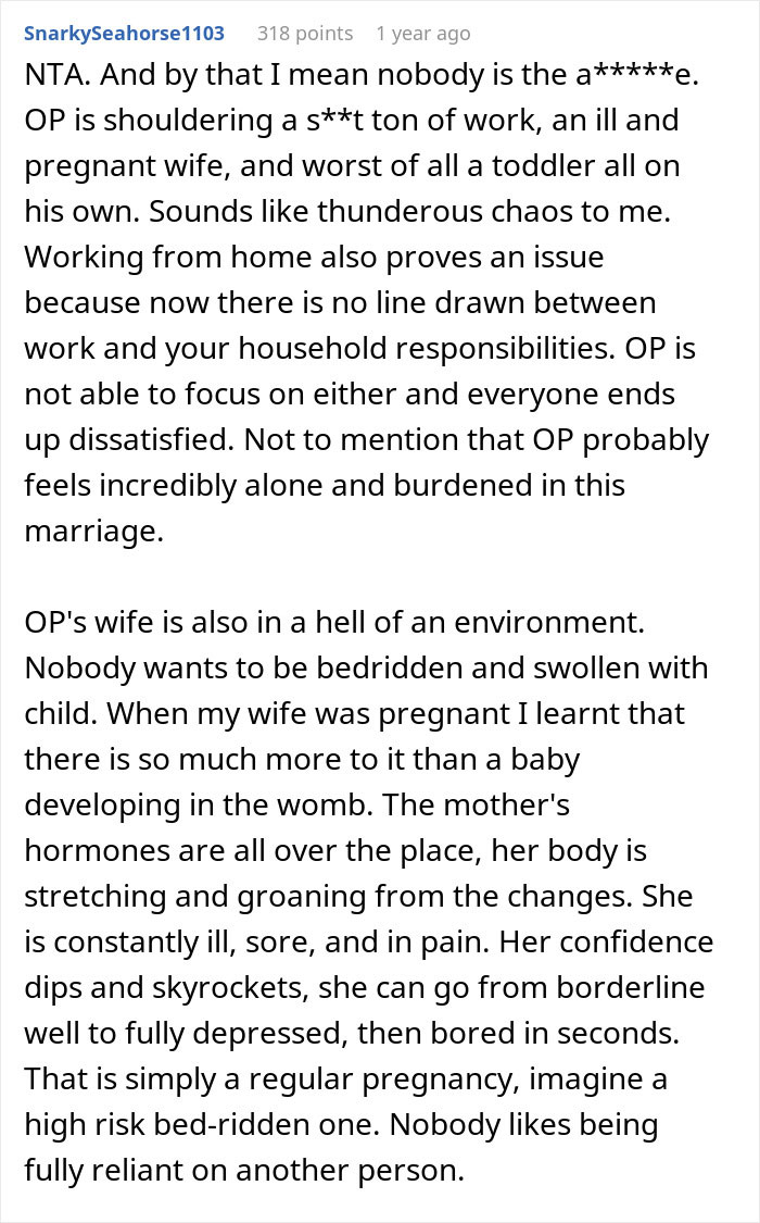 Screenshot of a detailed Reddit comment discussing challenges of a man snapping at his pregnant bedridden wife during work meetings. Screenshot of a detailed Reddit comment discussing challenges of a man snapping at his pregnant bedridden wife during work meetings.