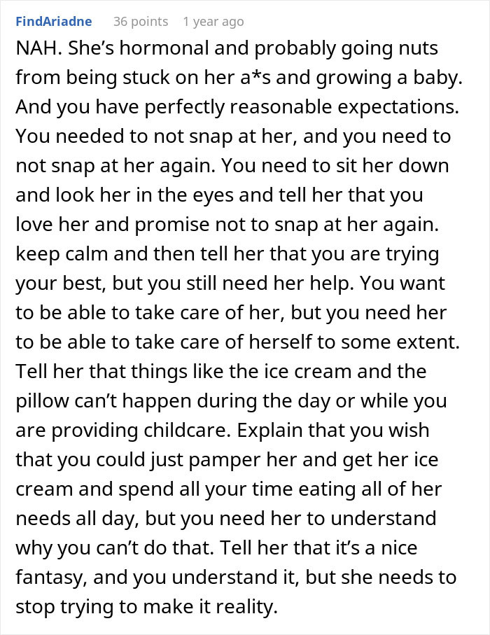 Comment discussing a man snapping at his pregnant bedridden wife for being too needy and disrupting his work meeting. Comment discussing a man snapping at his pregnant bedridden wife for being too needy and disrupting his work meeting.