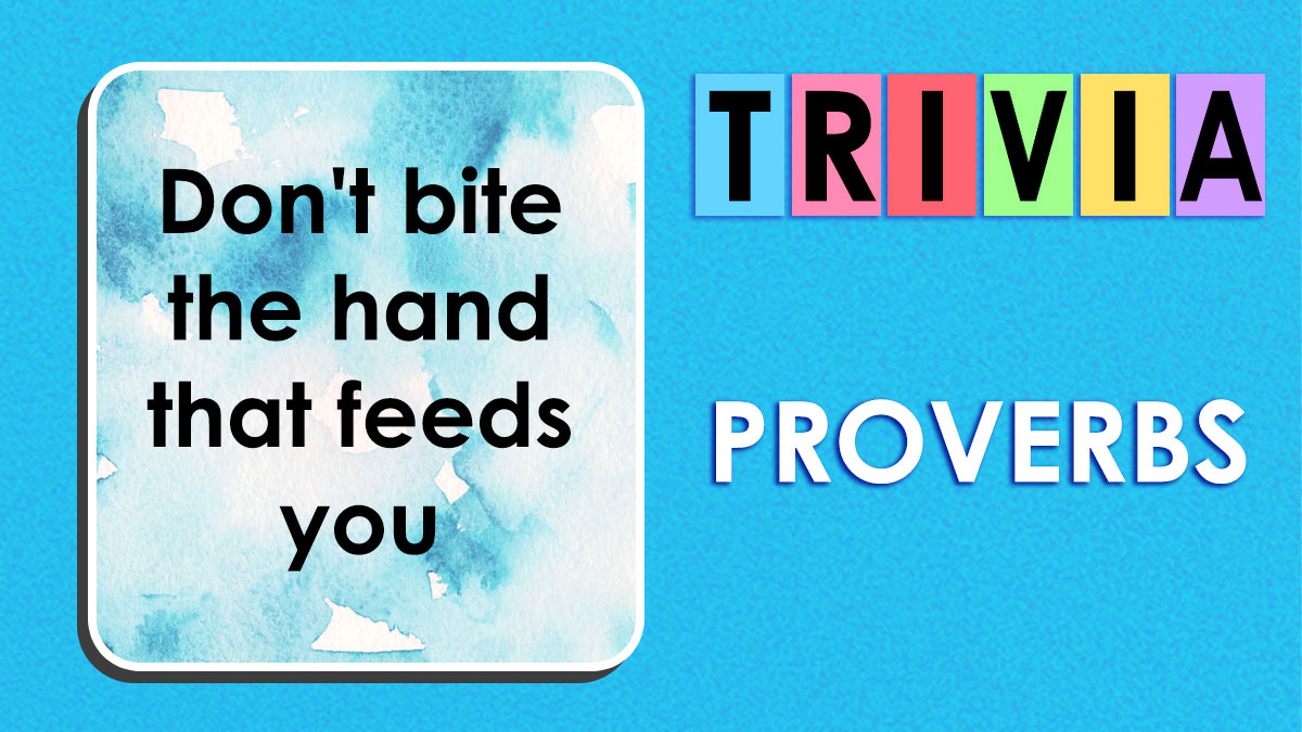 Colorful trivia letters and a proverb saying don't bite the hand that feeds you on a blue background about language lovers and proverbs.