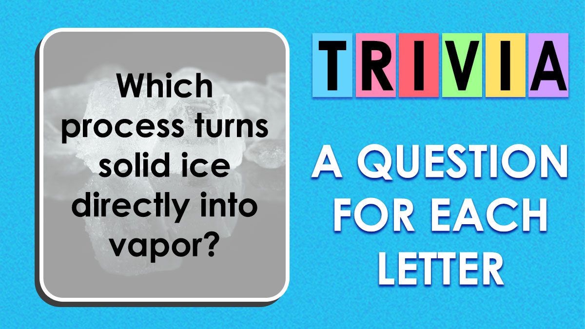 Science trivia quiz question about the process turning solid ice directly into vapor with colorful text.