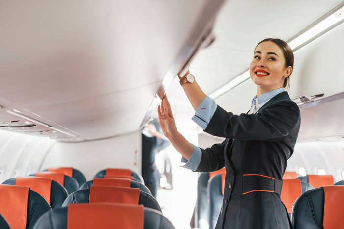 Flight attendant smiling while arranging overhead compartments inside an airplane cabin with empty seats visible. Flight attendant smiling while arranging overhead compartments inside an airplane cabin with empty seats visible.