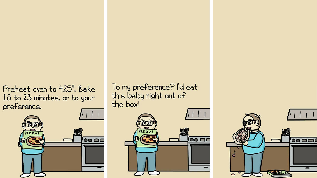 Man in kitchen showing a frozen pizza box and eating pizza directly from it, illustrating dark humor and random laughs.