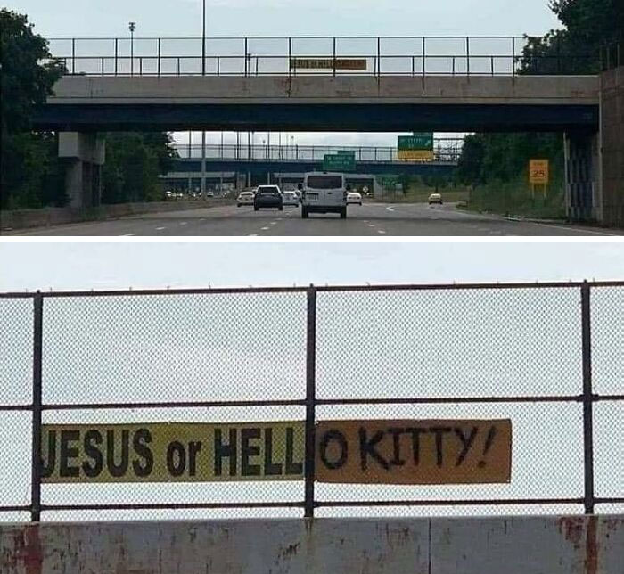 Banner on roadside fence asking viewers to choose between Jesus or Hello Kitty, a humorous out of context occult pleasure image.