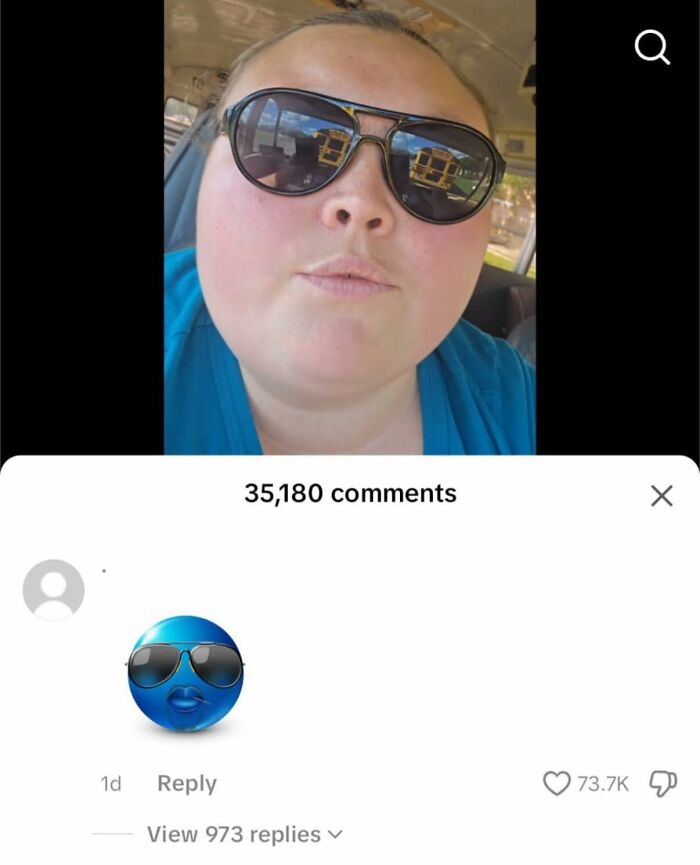 Person wearing sunglasses with reflection of school buses, alongside a blue emoji with sunglasses, part of occult humor pics.