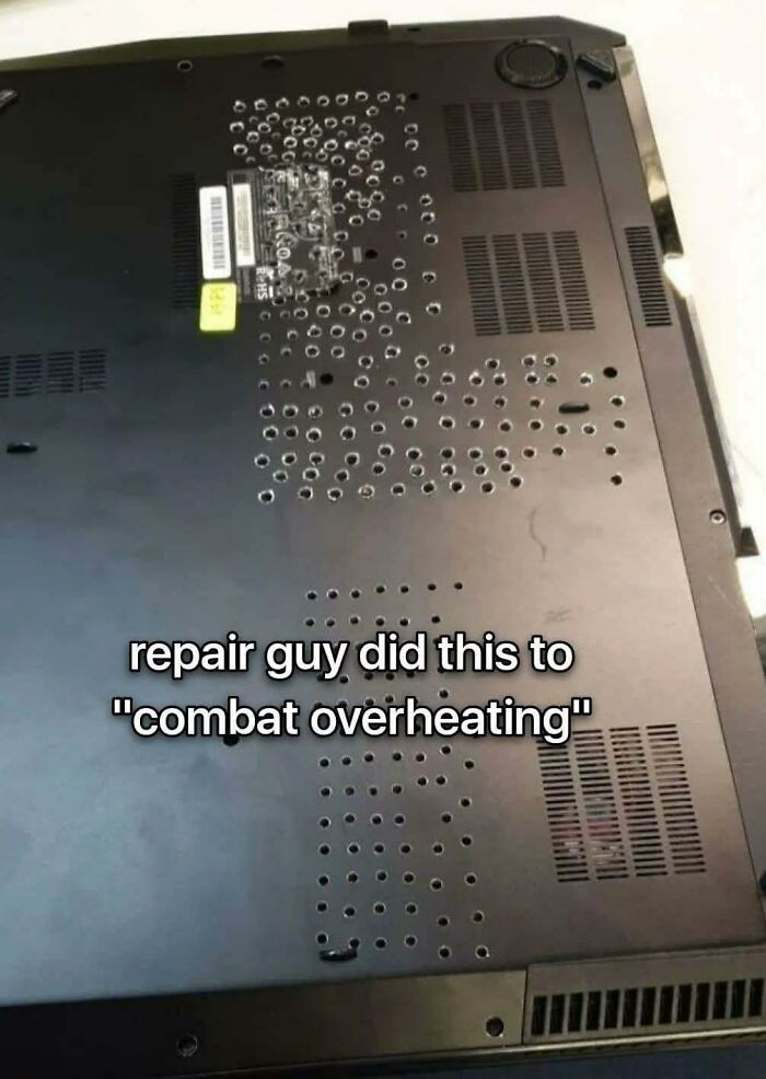 Laptop bottom panel with excessive drilled holes to prevent overheating, a humorous example of pleasures of the occult photos out of context