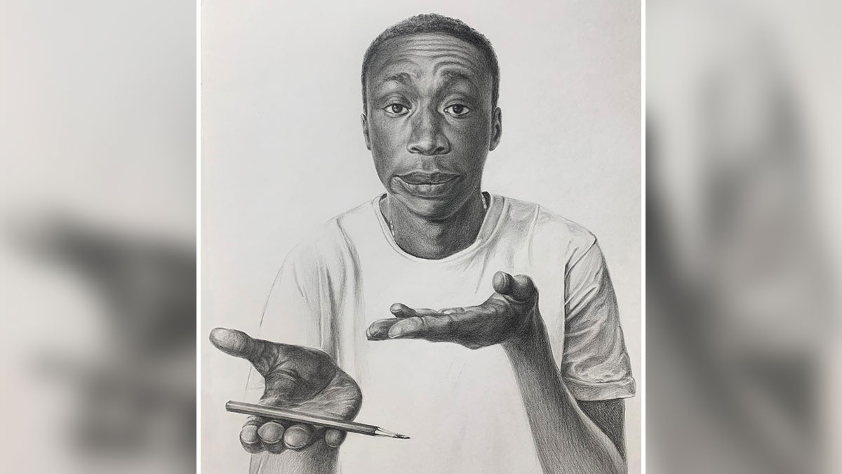 Realistic pencil portrait of a man in a white shirt holding a pencil, showcasing incredible pencil portrait detail and shading.