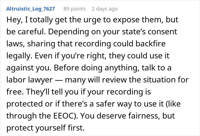 Screenshot of a Reddit comment advising caution about exposing management and HR to coworkers, suggesting legal advice first.