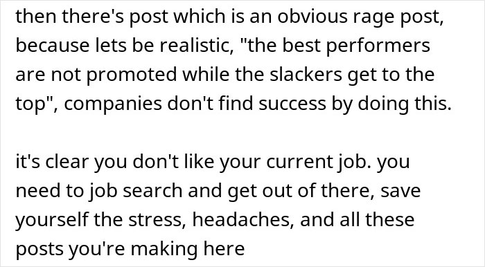 Screenshot of an online post discussing employee frustration with management and HR concerns at work.