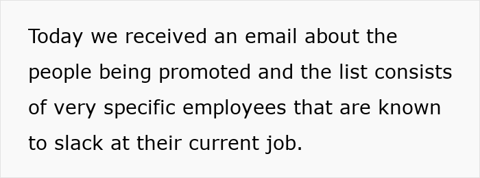 Text about employees promoted despite slacking, highlighting concerns over management and HR transparency. Text about employees promoted despite slacking, highlighting concerns over management and HR transparency.
