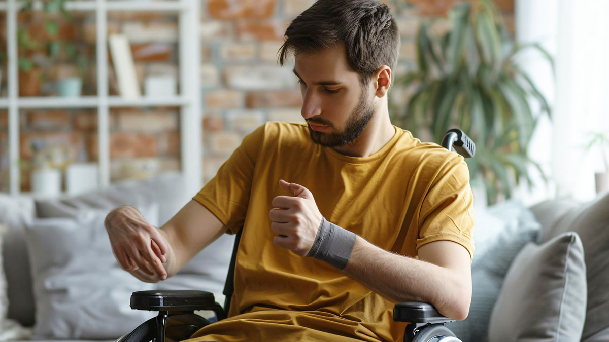 Young man in wheelchair with wrist support, representing care challenges for autistic brother after momu2019s passing at home.
