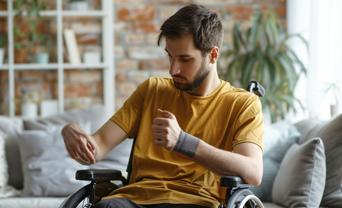 Young man in a wheelchair at home, showing independence and emotions related to refuse living with disabled sibling issues Young man in a wheelchair at home, showing independence and emotions related to refuse living with disabled sibling issues