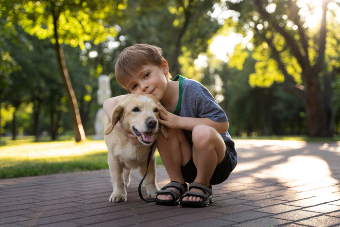 Young boy hugging his dog in a park, contrasting manchild playing games as son cries over lost dog and furious wife. Young boy hugging his dog in a park, contrasting manchild playing games as son cries over lost dog and furious wife.