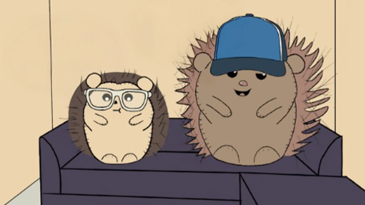 Cartoon of a hedgehog wearing glasses and a porcupine in a blue cap sitting together on a couch in a comic style.