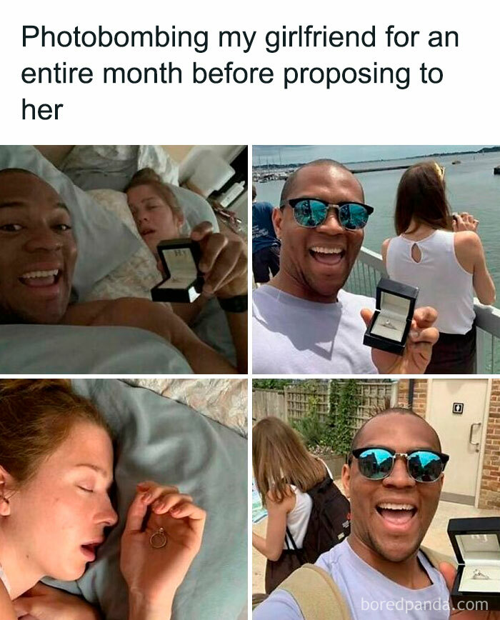 Man photobombing girlfriend holding engagement ring in various settings, capturing joyful moments for daily serotonin boost.