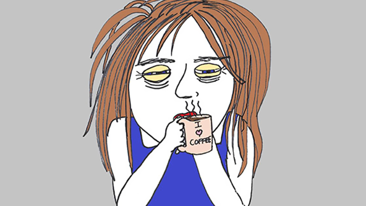 Tired cartoon woman drinking coffee in a funny and relatable family life comic illustration.
