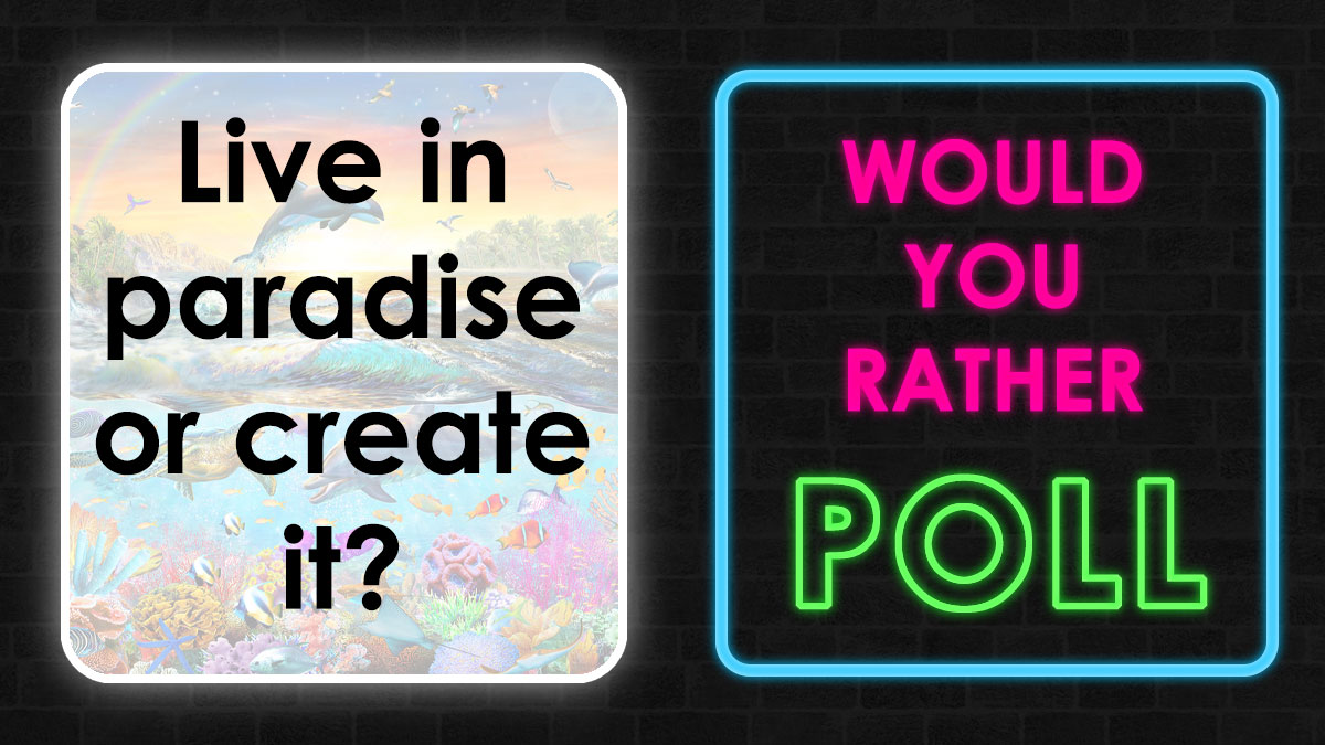 Poll image with neon colors asking viewers in a would you rather scenario about infinite luck or happiness choices.