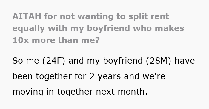 Text excerpt discussing a rich boyfriend demanding equal split rent while the girlfriend refuses to pay equally. Text excerpt discussing a rich boyfriend demanding equal split rent while the girlfriend refuses to pay equally.