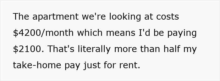 Text showing rent costs for a $4200 apartment with a rich boyfriend demanding equal split but girlfriend refuses. Text showing rent costs for a $4200 apartment with a rich boyfriend demanding equal split but girlfriend refuses.