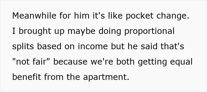 Text showing a girlfriend refusing equal split rent demand from her rich boyfriend, arguing proportional splits are fairer. Text showing a girlfriend refusing equal split rent demand from her rich boyfriend, arguing proportional splits are fairer.