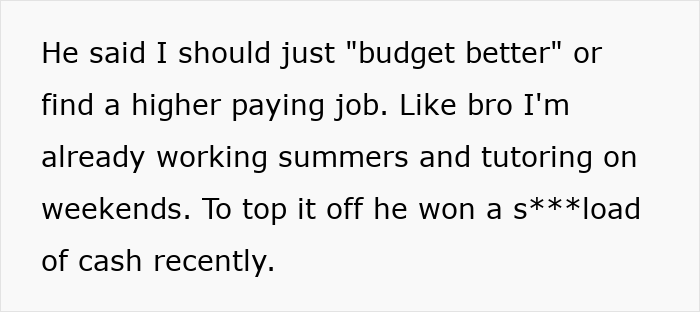 Text excerpt showing a heated discussion where a rich boyfriend demands equal split rent but girlfriend refuses due to financial strain. Text excerpt showing a heated discussion where a rich boyfriend demands equal split rent but girlfriend refuses due to financial strain.