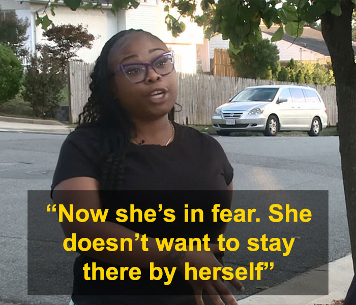 Woman wearing glasses speaks outdoors about disturbing doorbell prank causing fear after masked trio revealed.