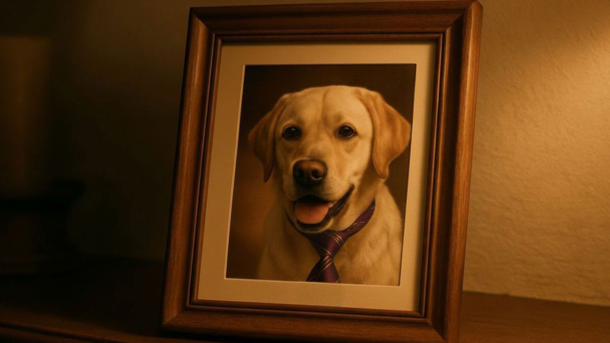 Framed photo of a dog wearing a tie, symbolizing man trolling sis with a pet picture instead of kidu2019s photos.