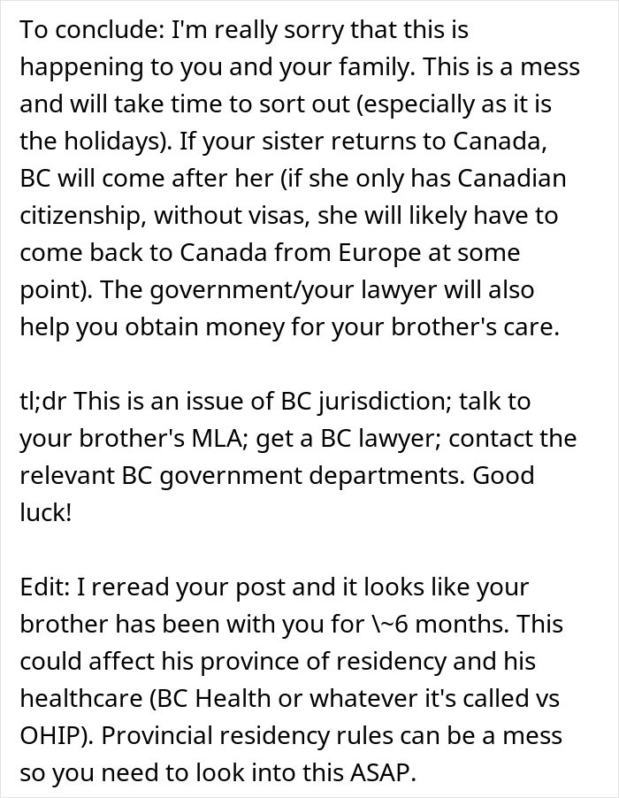 Text discussing a woman’s sister abandoning their autistic brother and legal steps for his care and support in BC. Text discussing a woman’s sister abandoning their autistic brother and legal steps for his care and support in BC.