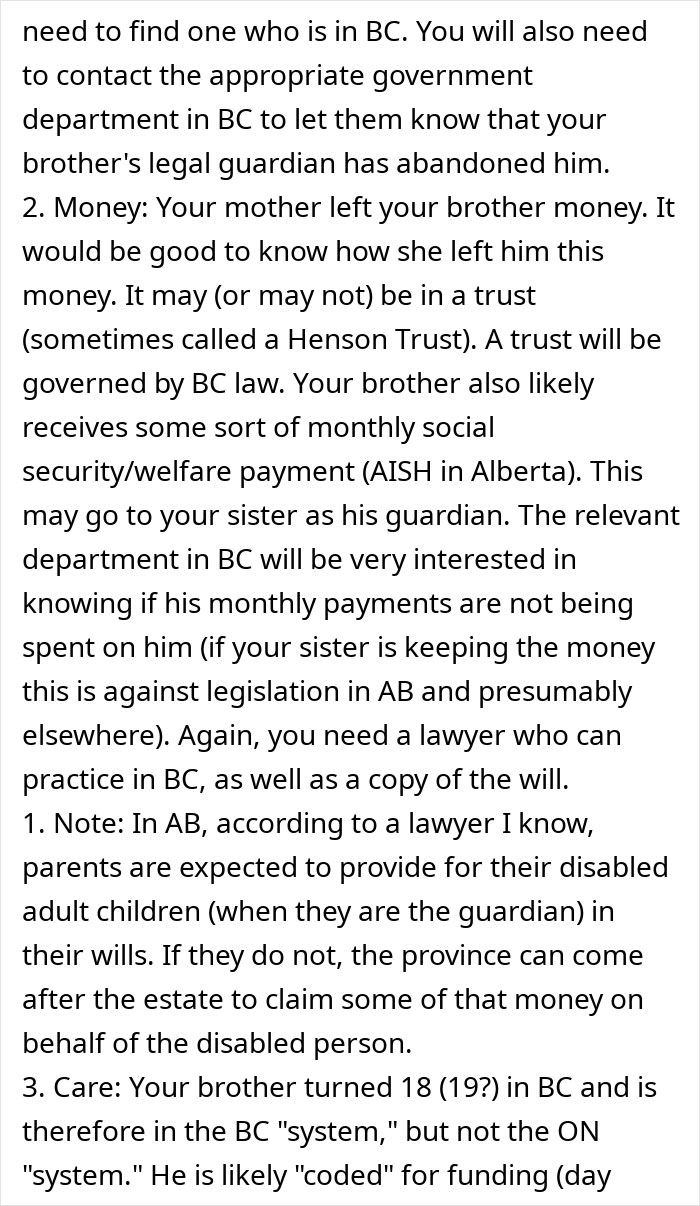 Text excerpt discussing legal guardianship and financial support concerns for an autistic brother abandoned by his sister. Text excerpt discussing legal guardianship and financial support concerns for an autistic brother abandoned by his sister.