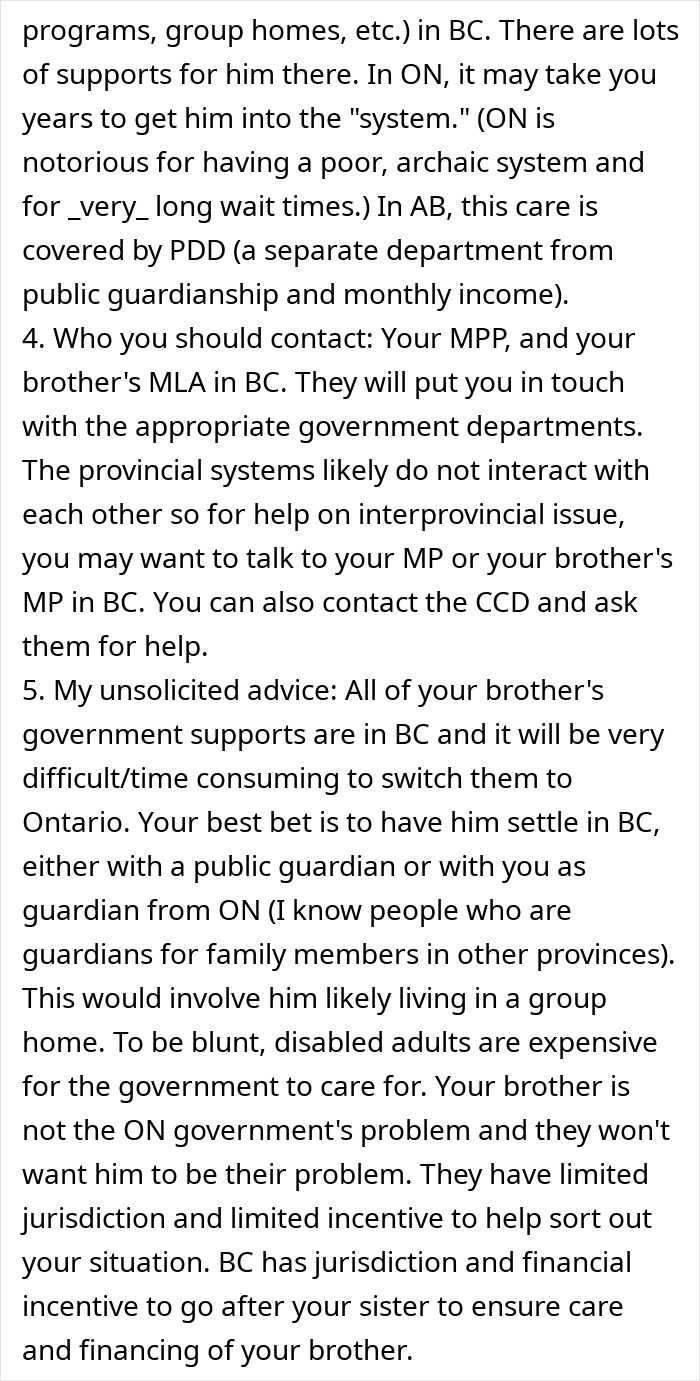Text discussing government support challenges for caring for an autistic brother after sister abandons him and moves to Europe. Text discussing government support challenges for caring for an autistic brother after sister abandons him and moves to Europe.