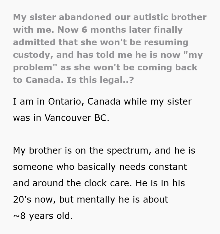 Woman struggles with autistic brother’s care after sister abandons him and disappears to Europe, leaving responsibility behind. Woman struggles with autistic brother’s care after sister abandons him and disappears to Europe, leaving responsibility behind.