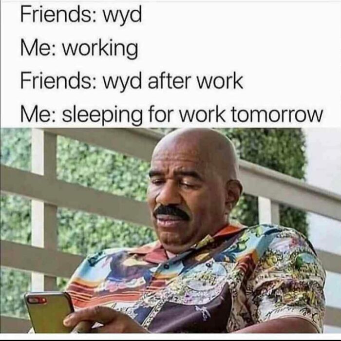 Man in colorful shirt looking at phone with text about work and friends, illustrating relatable girly memes about friendships and work.