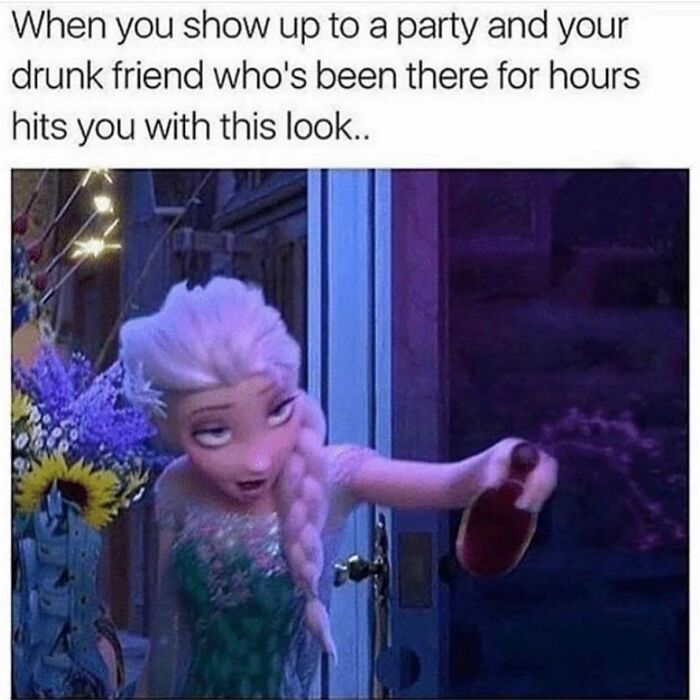Animated character Elsa from Frozen with a drunk expression, holding a bottle, meme about girly friendships and relatable moments.