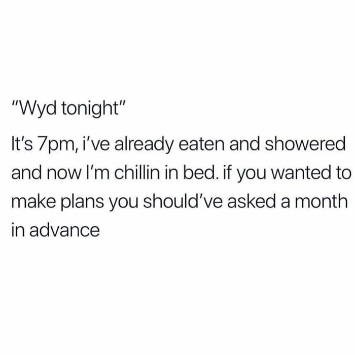 Text meme about friendships showing a relatable girly moment of preferring staying in bed over last-minute plans.