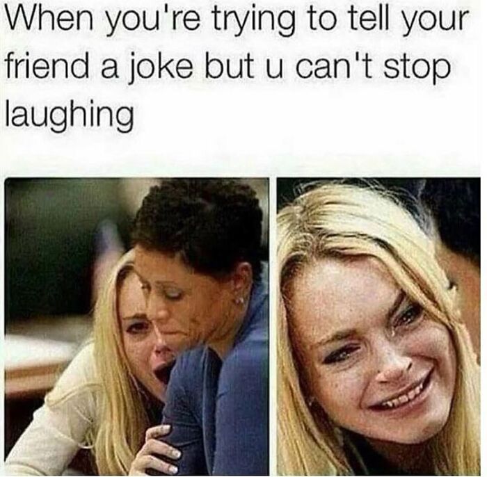 Two women struggling to tell a joke without laughing, illustrating girly memes about friendships and relatable moments.