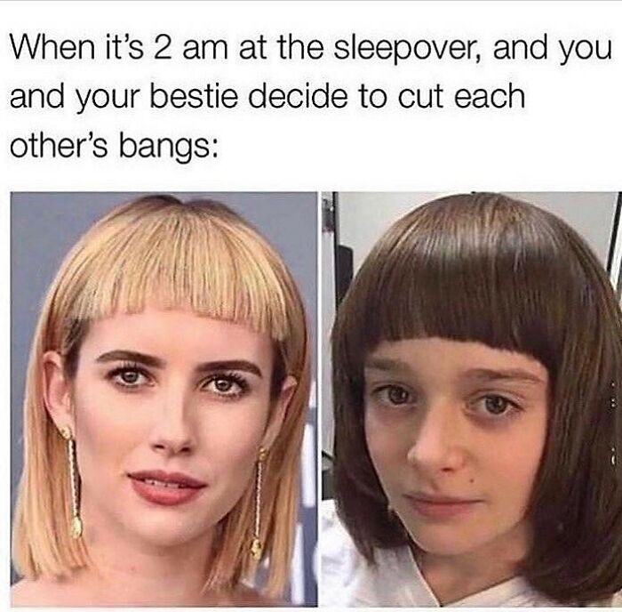 Two girls with awkwardly cut bangs, illustrating funny girly memes about friendships and relatable moments at sleepovers.