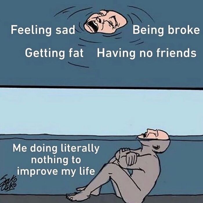 Cartoon showing relatable struggles like feeling sad and having no friends in girly memes about friendships and life.